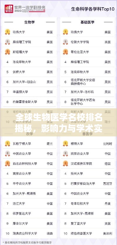 全球生物医学名校排名揭秘，影响力与学术实力并驾齐驱